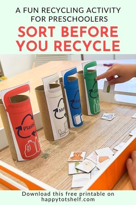 Preschooler sorting trash and placing them in toilet paper rolls recycling bins. Preschool Sustainability Ideas, Recycling Activity For Preschoolers, Early Years Recycling Activities, National Recycling Week Activities For Kids, Recycle For Preschool Activities, Recycled Preschool Activities, Recycle Sorting Preschool, Recycling Activities For Kindergarten, Math Recycling Activities