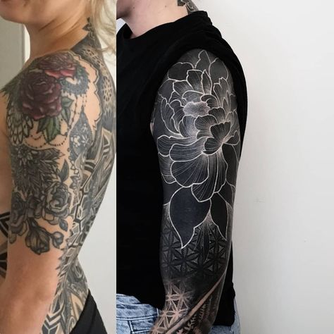 🌺 Cover-up b Blacked Out Tattoo Cover Up, White Over Black Tattoo, Arm Cover Up Tattoos, Tatuaje Cover Up, Black Sleeve Tattoo, Cover Up Tattoos For Women, All Black Tattoos, Solid Black Tattoo, Black Tattoo Cover Up