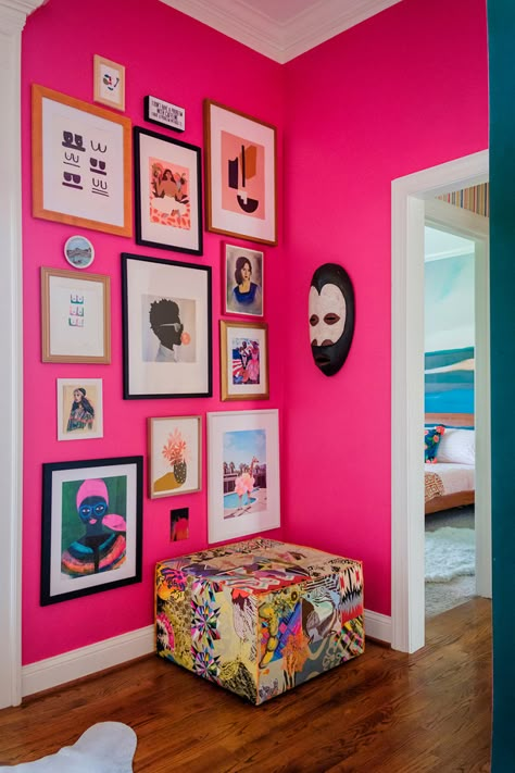 Hot Pink Wall Bedroom, Colorful Staircase Ideas, Bold Color Design, Hot Pink Bedroom Walls, Hot Pink Paint Colors, Hot Pink Living Room, Pink Walls Bedroom, Hot Pink Bedroom, Tropical Barbie