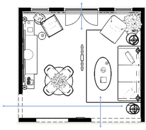 How to Arrange a Square Living Room with Doors on 3 Walls and a Pass-Through Passthrough Living Room, Pass Through Living Room Layout, Couch Placement, Great Room Layout, Square Living Room, Kitchen Pass Through, Room Arrangement, Round End Tables, Square Kitchen