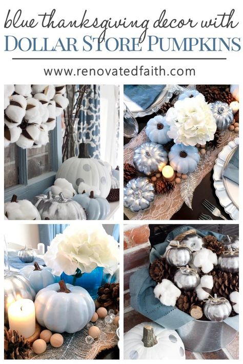 Blue Thanksgiving Decor, Blue Thanksgiving, Blue Fall Decor, Farmhouse Chic Decor, Elegant Thanksgiving, Thanksgiving Tablescape, Thanksgiving Decorations Diy, Blue Pumpkins, Thanksgiving Tablescapes