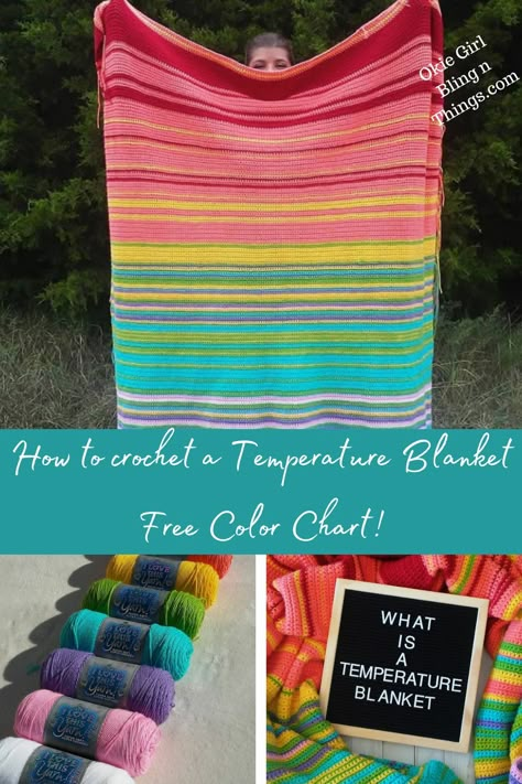 Temperature Blanket Crochet Beginner, Temperature Afghan Color Chart, Finished Temperature Blanket, Crochet A Temperature Blanket, Temp Blanket Crochet Pattern, Tunisian Temperature Blanket, Free Crochet Temperature Blanket Pattern, Daily Temperature Crochet Blanket, Mood Blanket Crochet Free Pattern