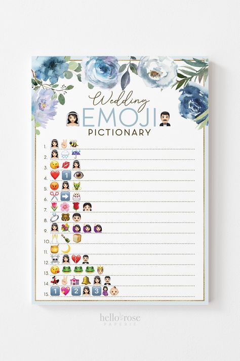 Wedding Emoji Pictionary Printable Game . Bridal Shower Bachelorette Hens Party . Blue Floral Roses Boho Rustic . Instant Download PDF #bridalshower #bridalshowergame #etsy #rusticbridalshower #floralhensparty #icebreakergame #bluefloralgames #bluerosesflowers #rusticbridalgames #funbridalshower Wedding Emoji, Emoji Pictionary, Bridal Shower Inspiration, Hens Party, Printable Bridal Shower Games, Rustic Bridal, Bridal Shower Rustic, Bach Party, Wedding Diy