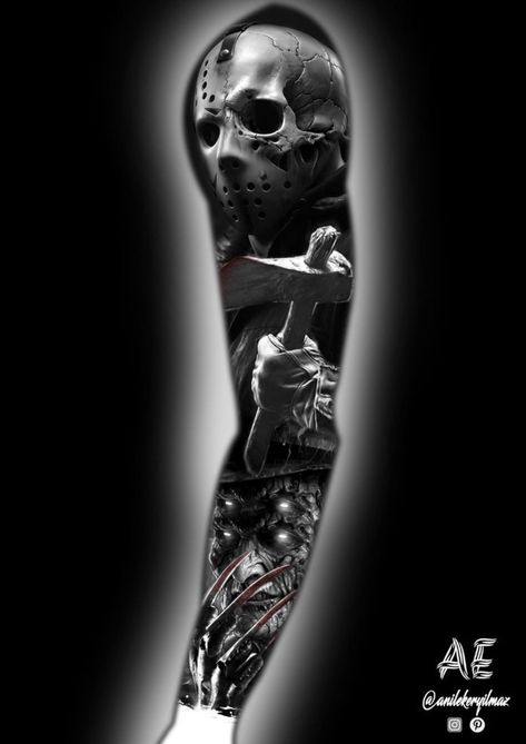 Freddie Cruger Tattoos, Horror Design Ideas, Freddie Kruger Tattoo, Freddy Vs Jason Tattoo, Jason Tattoo Design, Hell Tattoo Ideas, Freddy Krueger Tattoo Design, Horror Leg Sleeve Tattoo, Horror Tattoo Sleeve