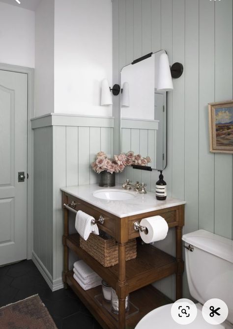 Bathroom Ideas With Paneling, Beadboard Paneling Bathroom, Panelling In Bathroom Wall, Beadboard Bathroom Height, Cottage Wall Paneling Ideas, Powder Room With Paneling, White Panelling Bathroom, Bathroom Remodel Paneling, Bathroom With Wall Paneling