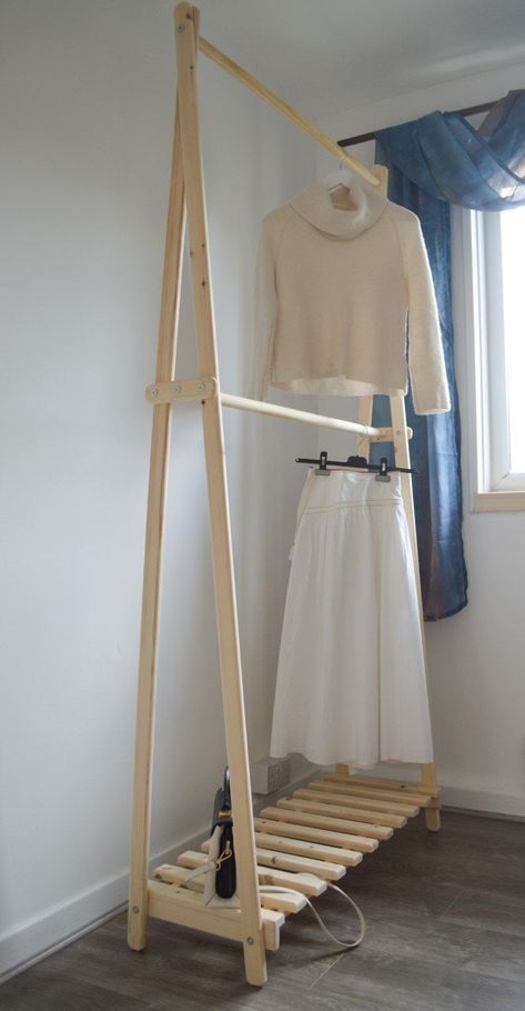 Clothes Rail in Natural Pine wood ! Dimensions: -the total height 206 cm -the distance from the floor to the hanging poles 120cm and 200 cm -the distance between the hanging rails 80cm -pallet shelf -total structure depth: approx. 36cm -height of shelf from floor: 14cm -the total length from left to right 100cm Hand Made. It is quick and easy to assemble When not in use you can quickly disassemble into pieces and stored away! We do not have the item in the stock. Expected delivery is 14 days. Th Clothes Rack With Shelves, Wooden Clothes Rack, Pallet Shelf, Wood Clothes, Pallet Shelves, Clothes Rail, Diy Home Furniture, Clothes Rack, Hanging Rail