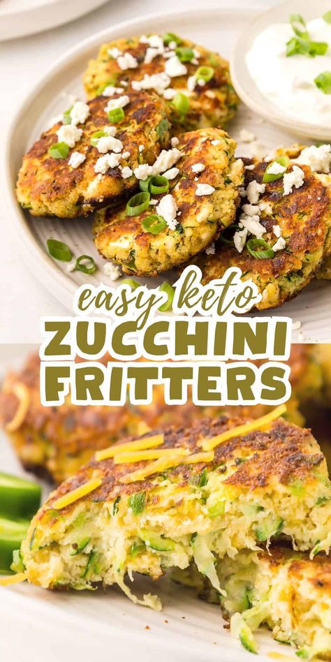 Keto Zucchini Fritters are an easy and delicious low carb side dish. They are crispy on the outside and tender on the inside. And I provide two two mouthwatering flavor variations! #zucchini Keto Zucchini Fritters, Abundant Garden, Baked Zucchini Fritters, Fresh Vegetable Recipes, Low Carb Side Dish, Keto Veggies, Keto Vegetables, Zucchini Patties, Low Carb Side