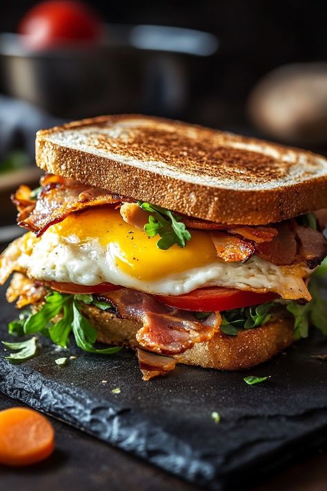 Craving the ultimate morning munchies? Get ready to become a breakfast sandwich legend! This mind-blowing recipe will have your friends begging for brunch invites. We've cracked the code on the perfect balance of flavors and textures, from crispy bacon that'll make your taste buds dance to cheese so gooey it'll make you weak in the knees. And don't even get us started on that perfectly cooked egg! Trust us, this Easy Breakfast Sandwich is about to revolutionize your mornings. Breakfast With Eggs And Bacon, Perfect Egg Sandwich, Breakfast Egg Sandwich Recipes, Fine Dining Brunch Ideas, Bacon Sandwich Breakfast, Cafe Recipes Food, Bacon Breakfast Ideas, Meals With Eggs, Egg And Bacon Sandwich