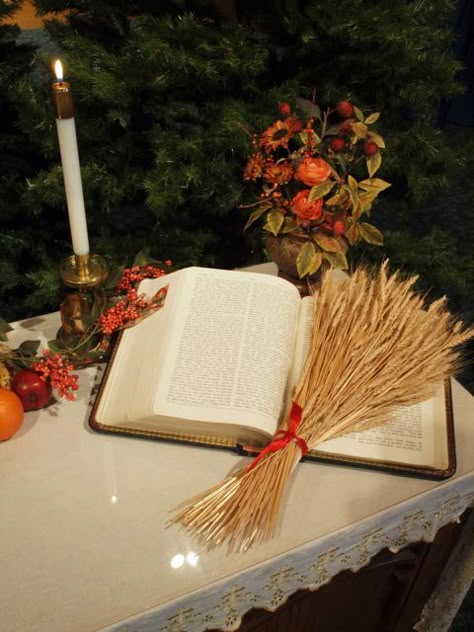 Thanksgiving bible with wheat Thanksgiving Decorations For Church Altar Ideas, Fall Altar Decorations, Thanksgiving Altar Decorations, Harvest Table Ideas, Fall Church Decorations Sanctuary, Fall Church Decor, Thanksgiving Decorations Church, Church Thanksgiving Decorations, Church Fall Decorations