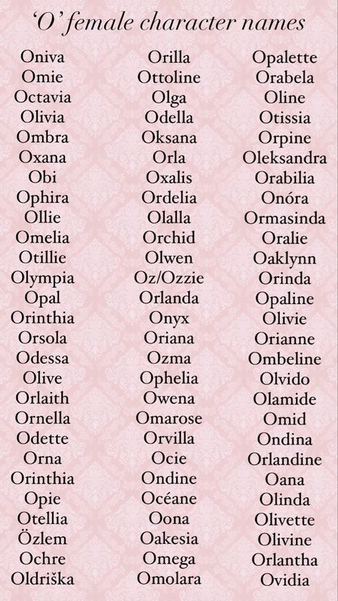 Girl names beginning in the letter ‘O’. Names For Succubus, O Names For A Girl, O Girl Names, Evil Female Names, Female Character Names With Meanings, Vintage Female Names, O Baby Names, Rare Last Names, Rare Surnames