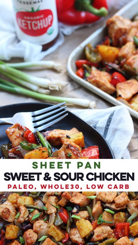 Sheet Pan Sweet and Sour Chicken: Whole30, Paleo & Low Carb - Whole Kitchen Sink Meal Prep Paleo, Chicken And Veggie Recipes, Healthy Sheet Pan, Paleo Meal Prep, Sweet And Sour Chicken, Whole30 Dinners, Sweet Sour Chicken, Paleo Low Carb, Paleo Recipes Easy