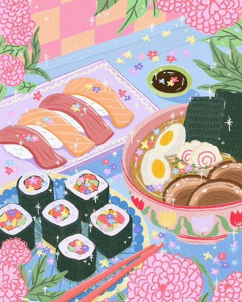 I’m really craving sushi 🍣 and ramen right now. April will still be all about the food series 👍🏻😏. And I‘ve gotten addicted to painting. What national cuisine should I paint next? 🤔🤔🤔 #illustration #illustrationartists #illustrator #illustragram #gouache #gouachepainting #gouacheart #foodpainting #fooddrawings #sushidrawings Gaming Illustration Design, Food Plate Illustration, Sushi Painting, Ramen Illustration, Baking Illustration, Sushi Illustration, Food Animation, Kindle Wallpaper, Ramen Art