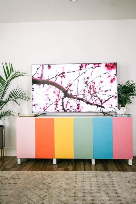 Colorful Cabinet DIY - at home with Ashley Colorful Tv Stand, Old Tv Stands, Besta Ikea, Rainbow Home Decor, Kitchen Projects Design, Swivel Tv Stand, Cabinet Diy, Tv Stand Decor, Diy Tv Stand