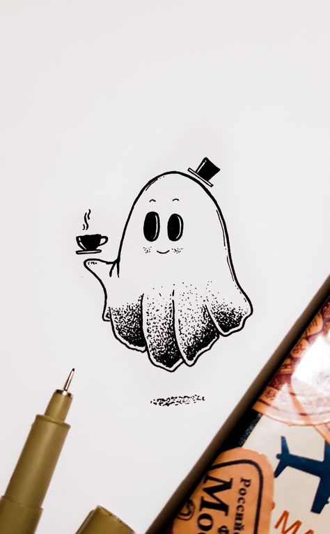 Cute Coffee Tattoo Ideas, Ghost And Coffee Tattoo, Ghost Coffee Art, Ghost Drinking Coffee Tattoo, Ghost With Coffee Tattoo, Black Pen Sketches Aesthetic, Funny Ghost Tattoo, Ghost Cartoon Cute, Cartoon Ghost Drawing