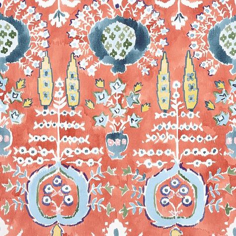 Pattern # F916243 Pattern MENDOZA SUZANI  Printed Fabrics Colorway Coral Collection Kismet [printed_fabrics] Content 52% Cotton, 48% Linen Width 54.00" (137.16 cm) Weight 0.72 lb (per yard) Repeat H 27.25" (69.215 cm) Repeat V 34.00" (86.36 cm) Backing Backing suggested for uph Finish None Railroaded No Abrasion 15,000 Wyzenbeek Properties Prints Cotton Blend View Pattern Direction  Flammability Cal TB 117 - Pass Tested to US standards Cleaning code SW Method Dry clean only Bleach Do not use bleach Washable Do not machine wash Tumble Dry No - air dry only Steam Not recommended Iron Low temp only Price is per yard Navy And Coral Wallpaper, Coral Navy Wallpaper, Blue Coral Wallpaper, Coral Chinoiserie, Thibaut Mendoza Suzani, Nantucket Cottage, Quadrille Fabric, Chinoiserie Fabric, Coral Navy