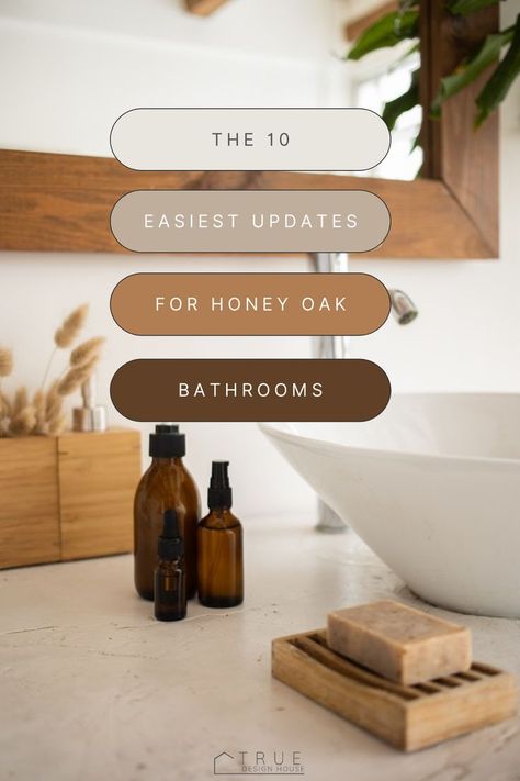 Bathroom Cabinet Wood Stain, Bathroom Decor For Brown Cabinets, Bathroom Ideas Oak Cabinets, Half Bathroom Ideas Oak Cabinet, Outdated Wood Trim, Bathroom Decor Oak Cabinets, Small Bathroom Oak Cabinets, Master Bath Oak Cabinets, Staining Bathroom Cabinets