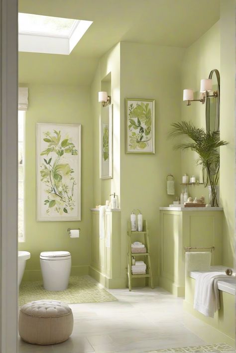 Dive into a professionally painted serene bathroom featuring the zesty and fresh shade of Key Lime (BM 2035-50) with this daily interior designer routine. #Ad #homedecor #homedesign #bathroom #Painthome interiorarchitecture best Wall Colors for Bathroom Colors Bright Room Colors best colors combinations bathroom bathroom Remodeling Modern Paint Colors 2024 Key Lime Paint Color, Lime Green Bathroom Ideas, Bright Bathroom Paint Colors, Interior Paint Colors For 2024, Lime Green Bathrooms, Green Bathroom Paint, Light Green Bathrooms, Bright Room Colors, Lime Green Walls