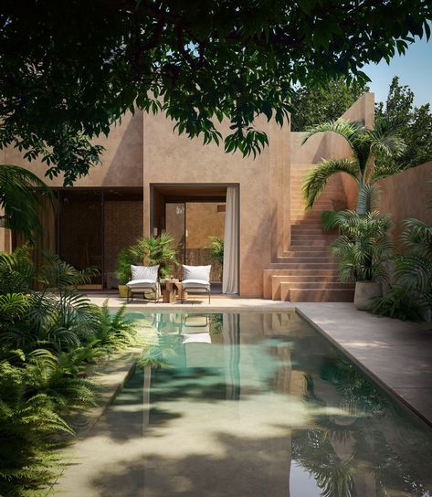 The atmosphere of this place enchants a viewer at first sight. 
Gorgeous architecture, perfectly chosen colors, and greeneries awaken the desire to visit this place and savor its charm. 
This work represents the beautiful and warm atmosphere of the Mexican summer. 

#3dvisualization #exteriorvisualization #visualisation #3dmax #architects #3dvisualisation #design #exteriordesigh #artwork #3dart #architecture Desert House Architecture, Modern Mexican Architecture, Mediterranean Architecture Modern, Tulum Architecture, Desert Interior Design, Mediterranean Resort, Desert Architecture, Mexican Villa, Gorgeous Architecture