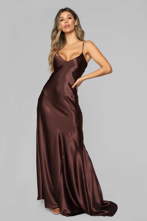 Tiffany Keller - Fashionnova    2019 Silk Dress With Sleeves, Brown Satin Dress, Silk Dresses Outfit, Brown Silk Dress, White Maxi Dress Boho, Silk Prom Dress, Lace Dress Casual, Short Dress White, Boho Dresses Long