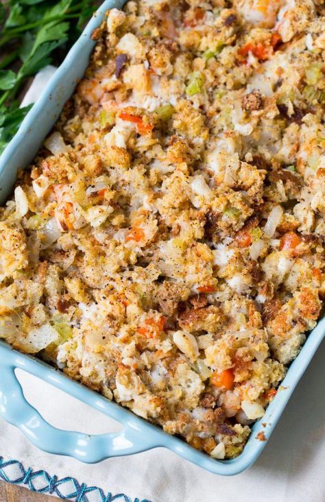 Savannah Seafood Stuffing is full of shrimp and crab and lots of onion, celery, and red bell pepper. Makes a great Thanksgiving side! #SaladSkewersandKebabs Thanksgiving Sides, Red Bell Pepper, Skewers, Food App, Food Waste, Meal Planner, Crab, Celery, Stuffed Bell Peppers