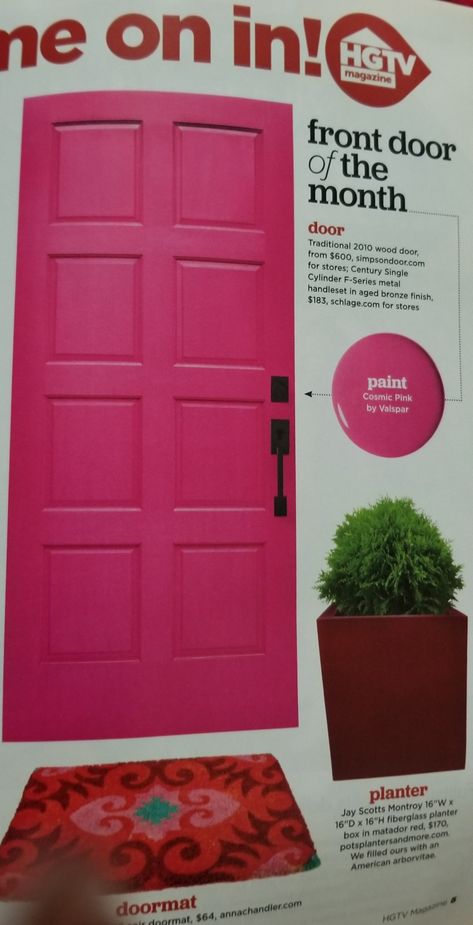 Fuscia Front Door, Bright Pink Paint Colors, Hot Pink Front Door, Hot Pink Kitchen, Bright Front Doors, Pink Front Door, Pink Paint Colors, Industrial Kitchen Design, Porch Remodel