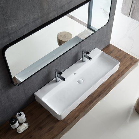 Eridanus White Ceramic Rectangular Vessel Bathroom Sink with Overflow | Wayfair Round Basin Sink Bathroom, Wide Bathroom Sink Two Faucets, Long Bathroom Sink With Two Faucets, Solid Surface Bathroom Sink Vanity Tops, One Sink Two Faucets Bathroom, Undermount Sinks In Bathroom, Rectangle Sink Bathroom, Trough Sinks In Bathroom, Bathroom Sink Bedroom Vanities