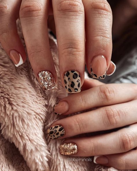 30 Fashionable Leopard Nails to Try Gel Nail Leopard Designs, Leopard And Gold Nails, Jaguar Nails Jacksonville, Fall Leopard Nails Short, Winter Leopard Nails, Glitter Animal Print Nails, Safari Nail Ideas, Christmas Cheetah Nails, Animal Kingdom Nails