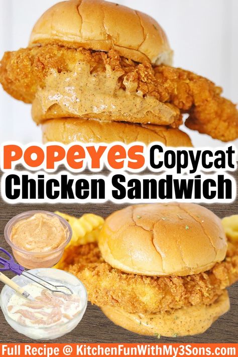 This copycat Popeyes Chicken Sandwich Recipe is so easy to make at home. Crispy and juicy fried chicken served on a brioche bun, then topped with spicy mayo and pickles. Diy Popeyes Chicken Sandwich, Chicken On A Bun Recipe, Sauce For Fried Chicken Sandwich, Popeyes Chicken Sandwich Recipe Copycat, Crispy Chicken Sandwich Sauce, Popeyes Copycat Recipes, Popeyes Chicken Recipe, Copycat Popeyes Chicken Sandwich, Copycat Popeyes Chicken