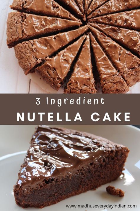 nutella cake sliced and a pic of one slice of nutella Dessert 3 Ingredients, Chocolate Nutella Cake, Nutella Desserts Easy, Nutella Dessert Recipes, Nutella Recipes Cake, Desserts Nutella, Valentines Desserts, Nutella Recipes Easy, Nutella Frosting