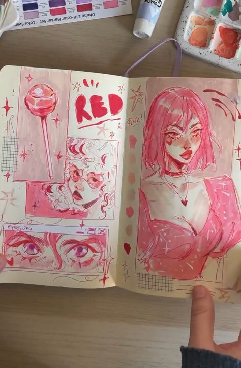 Pink Sketchbook Page, Skchetbook Ideas Art, Gretel Lusky Sketbook, Sketchbook Marker Drawings, Character Sketch Page, Sketchbook Art Inspiration Full Page, Sketchbook Spreads Aesthetic, Alchohal Marker Art, Sketchbook Spread Inspiration