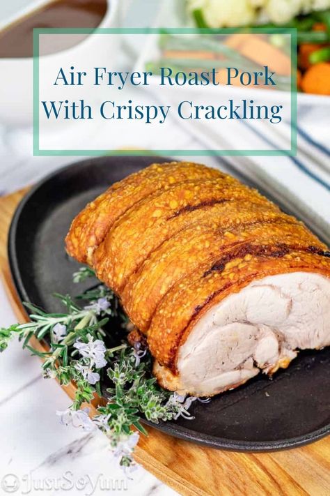 This super juicy pork roast with crispy crackling is one the family will love. Super easy to make and a great alternative method to cooking it in the oven. Air Fryer Pork Crackling, Air Fry Pork Loin Roast, Air Fried Pork Loin, Pork Loin Roast Air Fryer, Porkloin Airfryer Recipes, Roast Pork In Air Fryer, Airfryer Pork Loin Roast, Boneless Pork Loin Recipes Air Fryer, Rotisserie Pork Loin In Air Fryer