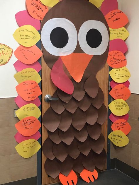 November Theme Classroom Door, Door Decorations Classroom Thanksgiving, Thanksgiving Classroom Doors, Turkey Classroom Door Ideas, Thankful Classroom Door, Thanksgiving Class Door, November Preschool Bulletin Boards, Thanksgiving Office Ideas, Thanksgiving Decorations For Classroom