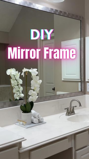 Rocio Ruiz on Instagram: "No Mirror Frame? Try this easy and affordable DIY! 🤩 You’re going to love it. I got the Peel & Stick tiles from LOWES" Peel Stick Mirror, Vinyl Mirror Frame, Stick On Mirror Frame, Peel And Stick Tile Around Bathroom Mirror, Mirror Frame Kit, Peel And Stick Mirror Frame, Bathroom Mirror Frame Tile, Bathroom Mirror Frame Ideas, Make A Mirror Frame