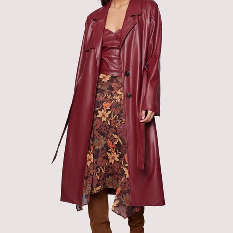 Crimson Holly Trench, Nwt Never Worn. Perfect Condition. Red Leather Trench Coat, Burgundy Trench Coat, Black Fur Coat, Trench Coat Outfit, Coat Trends, Winter Trench Coat, Coat Style, Leather Trench, Leather Trench Coat