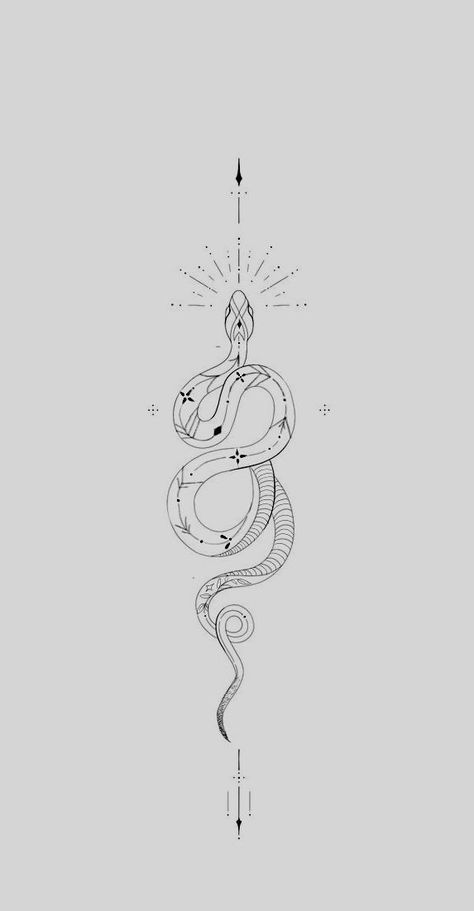 Simple Tattoos For Forearm, Ornamental Snake Tattoo Design, Serpent Back Tattoo, Fine Line Tattoo Sternum, Ornamental Snake Tattoo, Celestial Snake Tattoo, Snake Line Tattoo, Sternum Snake Tattoo, Pretty Snake Tattoo