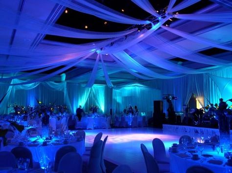 Looks like the night sky lights up the room! <3 Ice Theme Quinceanera, Prom Themes Royal Ball, Ice Prom Theme, Formal Party Decorations, Homecoming Dance Decorations, Fire And Ice Prom, Quinceañera Themes, Prom Venues, Purple Turquoise Wedding