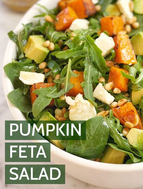 Pumpkin Recipes Side Dish, Avocado Feta Salad, Pumpkin And Feta Salad, Pumpkin And Feta, Pine Nuts Salad, Pumpkin Salad, Savory Pumpkin Recipes, Paleo Lifestyle, Yummy Salad Recipes