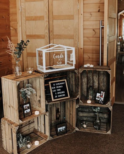 Wedding Card Box Display Gift Table, Rustic Dessert Table Ideas Wooden Crates, Wedding Decor Crates, Wooden Crate Wedding Ideas, Rustic Wedding Guest Book Table Decor, Winter Wedding Gift Table, Wooden Crate Ideas Wedding, Industrial Farmhouse Wedding Decor, Wedding Crates Decoration