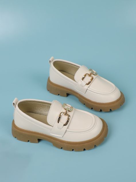 Beige  Collar   Plain Loafers Embellished   Kids Shoes Loafers Aesthetic, Kids Loafers, White Loafers, Kids Flats, Flat Loafers, Metal Decor, Kid Shoes, Loafer Flats, Kids Shoes