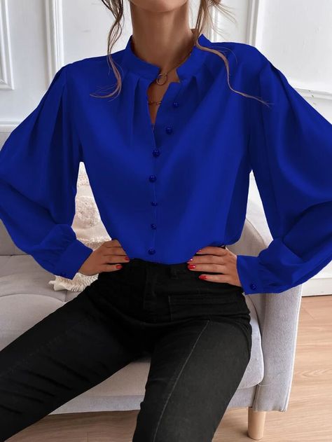 Stand Collar Blouse, Women Bodycon Dress, Puff Long Sleeves, Bishop Sleeve, Loose Shirts, Pullover Shirt, Collar Blouse, Inspiration Mode, Casual Streetwear