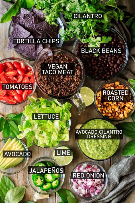 Mexican Ingredients, Easy Taco Recipes Vegetarian, Taco Salad Vegan, Taco Beans, Vegan Taco Bar, Taco Salad Vegetarian, Veggie Taco Bowl, Black Bean Taco Salad, Taco Vegetarian