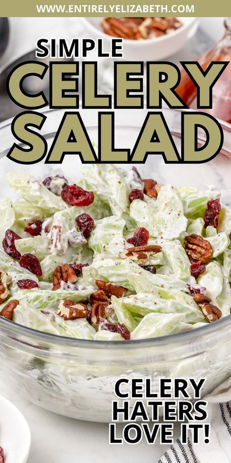 Celery haters LOVE this salad! A creamy dressing coats crunchy celery, sweet cranberries and toasted pecans in this simple salad. It's perfect for using up celery and making ahead. Using Up Celery, Celery Side Dish Recipes, Celery Cucumber Salad, Salads With Celery, Summer Salads Recipes Healthy, Cooking With Celery, Things To Do With Celery, Celery Apple Salad, Things To Make With Celery