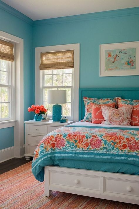 Turquoise And Coral Bedroom, Teal Coral Bedroom, Bedroom With Light Blue Walls, Aqua Rooms, Aqua Bedroom, Aqua Bedrooms, Coral Room, Coral Bedroom, Rv Redo