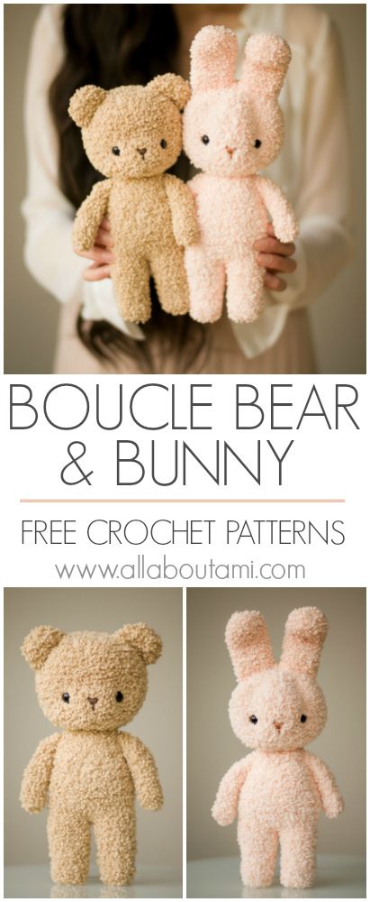 Crochet your own adorable classic teddy bear and bunny using special boucle yarn! These sweet stuffies are so soft and cuddly and will make perfect gifts for you and your loved ones! Free pattern and step-by-step tutorial available! Toys Quotes, Teddy Bear Patterns Free, Bear Patterns Free, Crochet Bear Patterns, Crochet Teddy Bear Pattern, Crochet Bunny Pattern, Pola Amigurumi, Crochet Baby Toys, Crochet Animals Free Patterns