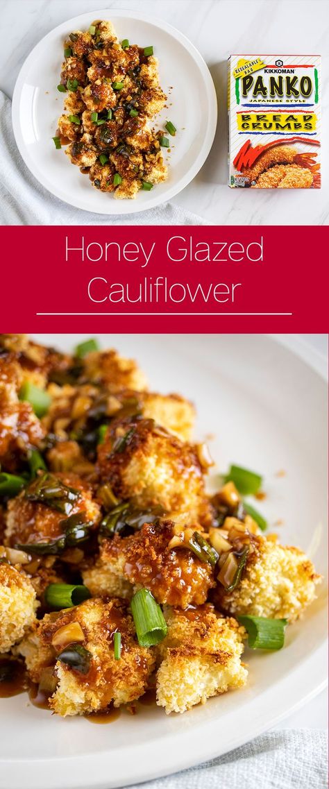 Honey Garlic Baked Cauliflower | This easy Meatless Monday recipe is full of flavor and crunch — ideal to whip up as a snack for the kids! The sweet and savory roasted cauliflower is also the perfect crunchy addition to a weeknight meal! The crunch of Kikkoman® Panko Bread Crumbs on the flavorful veggies makes them the star of the show every time. Prepare the cauliflower florets as a side dish or as a meatless appetizer on game day. Ready in under 30 minutes. #Kikkoman Oven Baked Cauliflower, Vegetarian Appetizers Easy, Garlic Baked, Meatless Monday Recipes, Vegetarian Foods, Hamburger Meat Recipes, Baked Cauliflower, Vegetarian Appetizers, Panko Bread Crumbs