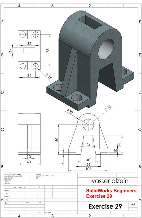 SolidWorks Tutorial Beginners Exercise 29 Solidworks Drawings For Practice, Solid Works Design, Solidworks Exercises, Solidworks Projects, Solidworks Drawings, 3d Design App, Beginners Exercise, Beginner Exercise, Cad Cam Design