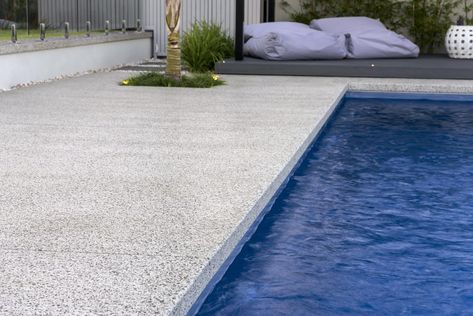 Ideas For Pool Area, Exposed Aggregate Pool, Pool Area Landscaping, Pool Decking Concrete, Around The Pool Landscaping, Outdoor Concrete Floors, Exposed Aggregate Driveway, Honed Concrete, Pool Surrounds