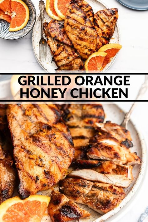 This flavorful chicken includes a light citrusy marinade that's perfect for summer. Fresh orange juice and honey make this delicious grilled chicken recipe a favorite! Orange Juice Chicken Marinade, Orange Honey Chicken, Grilled Orange Chicken, Orange Chicken Marinade, Italian Marinade For Chicken, Grilled Chicken Marinade Recipes, Grilled Chicken Seasoning, Honey Chicken Breast, Sauce For Grilled Chicken