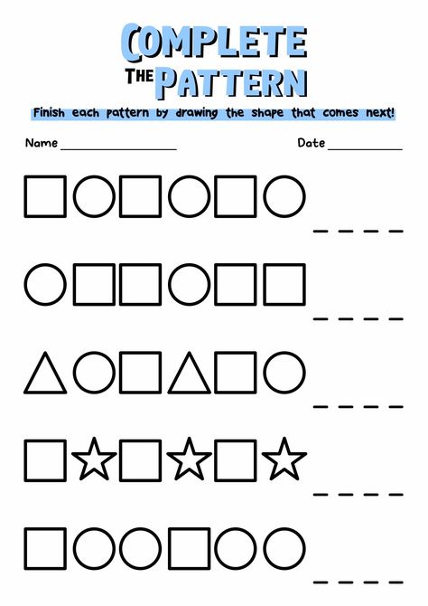 Shapes Worksheets for Preschoolers

Help your preschooler learn their shapes with these fun and engaging worksheets! Shapes are an important part of early childhood development, and these worksheets will help your child build a strong foundation in Maths Patterns Worksheets, Patterns Kindergarten Worksheets, Shapes Activities Preschool Worksheets, Shape Pattern Worksheet, Patterns Worksheets For Preschool, Maths Worksheets For Kindergarten, Complete The Pattern Worksheet, Pattern Worksheets For Preschool, Maths Patterns