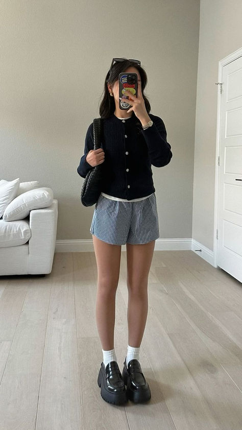 Blue checkered shorts, a button-down cardigan, and platform loafers. Sleek and fancy with a modern twist. Perfect for a polished, sophisticated look.  #SleekStyle #FancyOutfit #PlatformLoafers #ChicFashion #PolishedLook #ModernElegance #FashionInspo Adidas Shorts Outfit, Loafers For Women Outfit, Loafer Outfits, Closet Revamp, Loafers Outfit, Office Casual Outfit, Outfit Inspo Casual, Shorts Outfits, Fire Fits